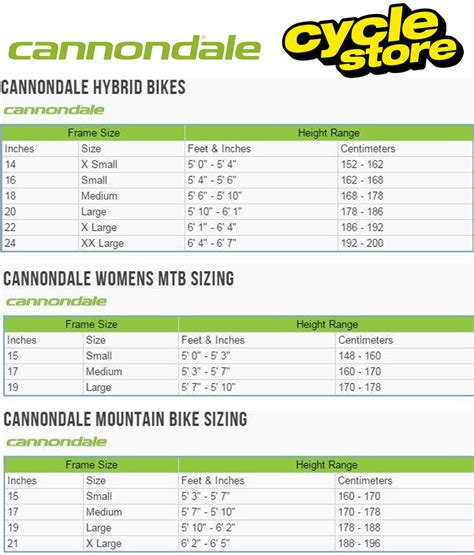 Bike Size Chart Cannondale